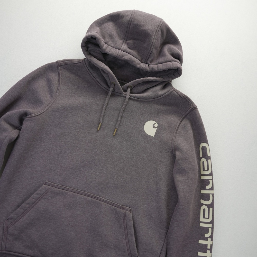 Carhartt Womens Relaxed Fit Sleeve Logo Hoodie Purple Spellout Small